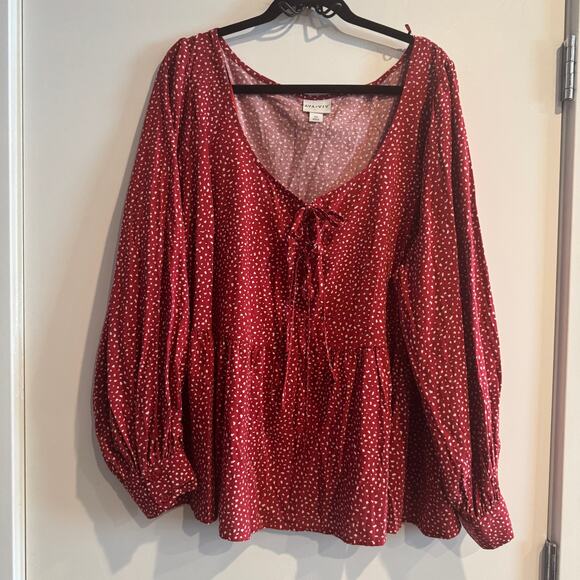 Ava & Viv Confetti Peplum Top Red White Scoop Neck Front Tie Long Sleeve  Sz 2X - Picture 1 of 5